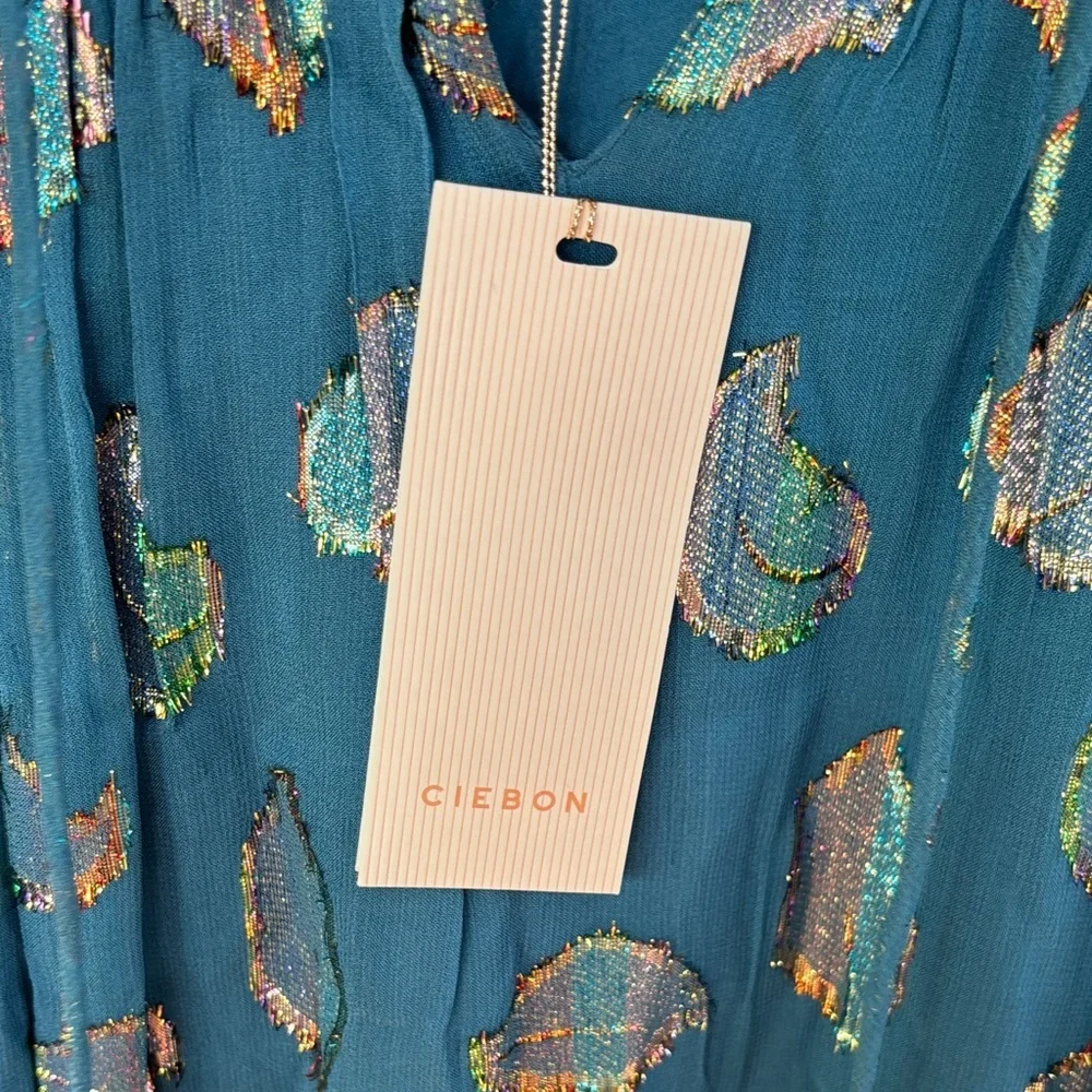 Ciebon Metallic Leaf Belted Teal Long Sleeve Maxi Dress sz S